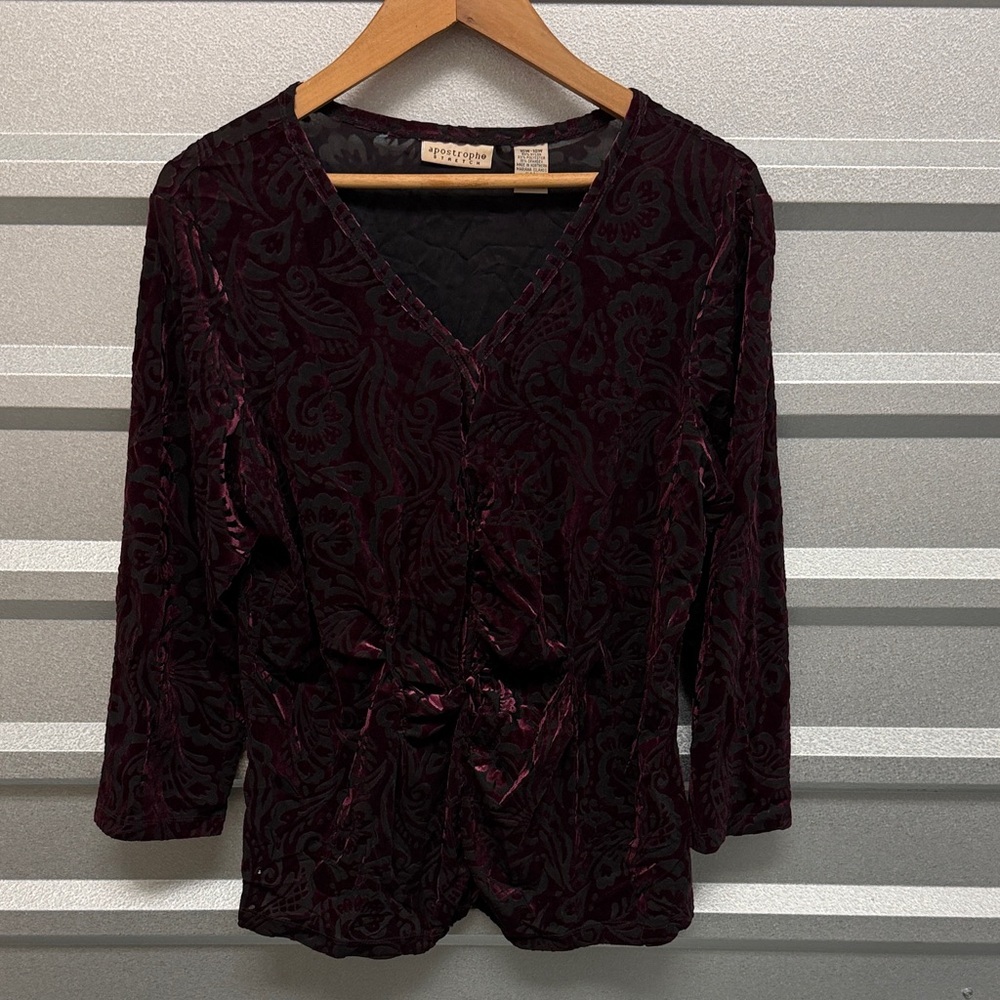 Apostrophe Stretch Women’s PLUS 16W-18W Purple Whimsigoth Velvet‎ floral Top VTG